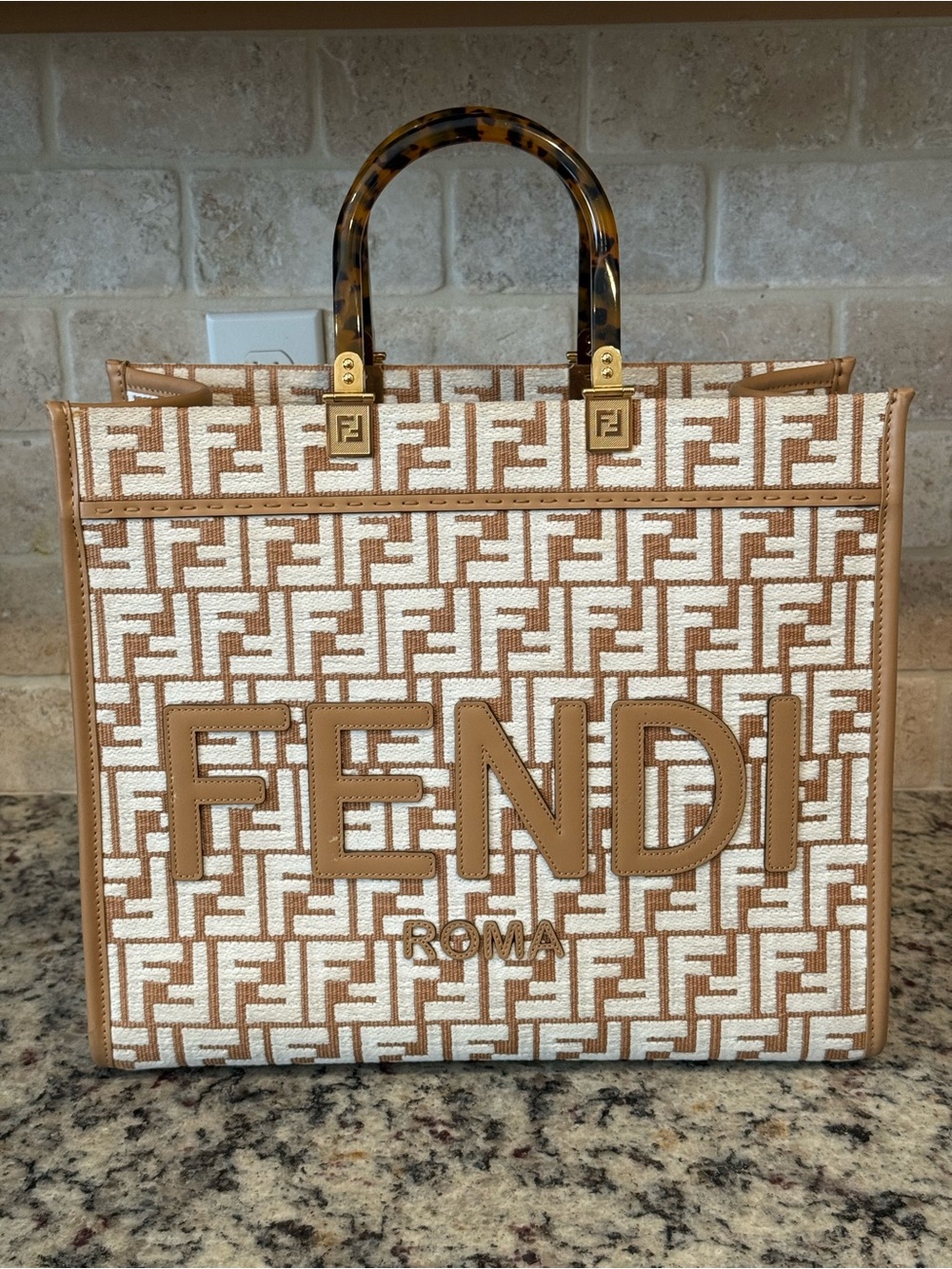 Fendi Sunshine Shopper FF Logo Tote with Tortoiseshell Handles